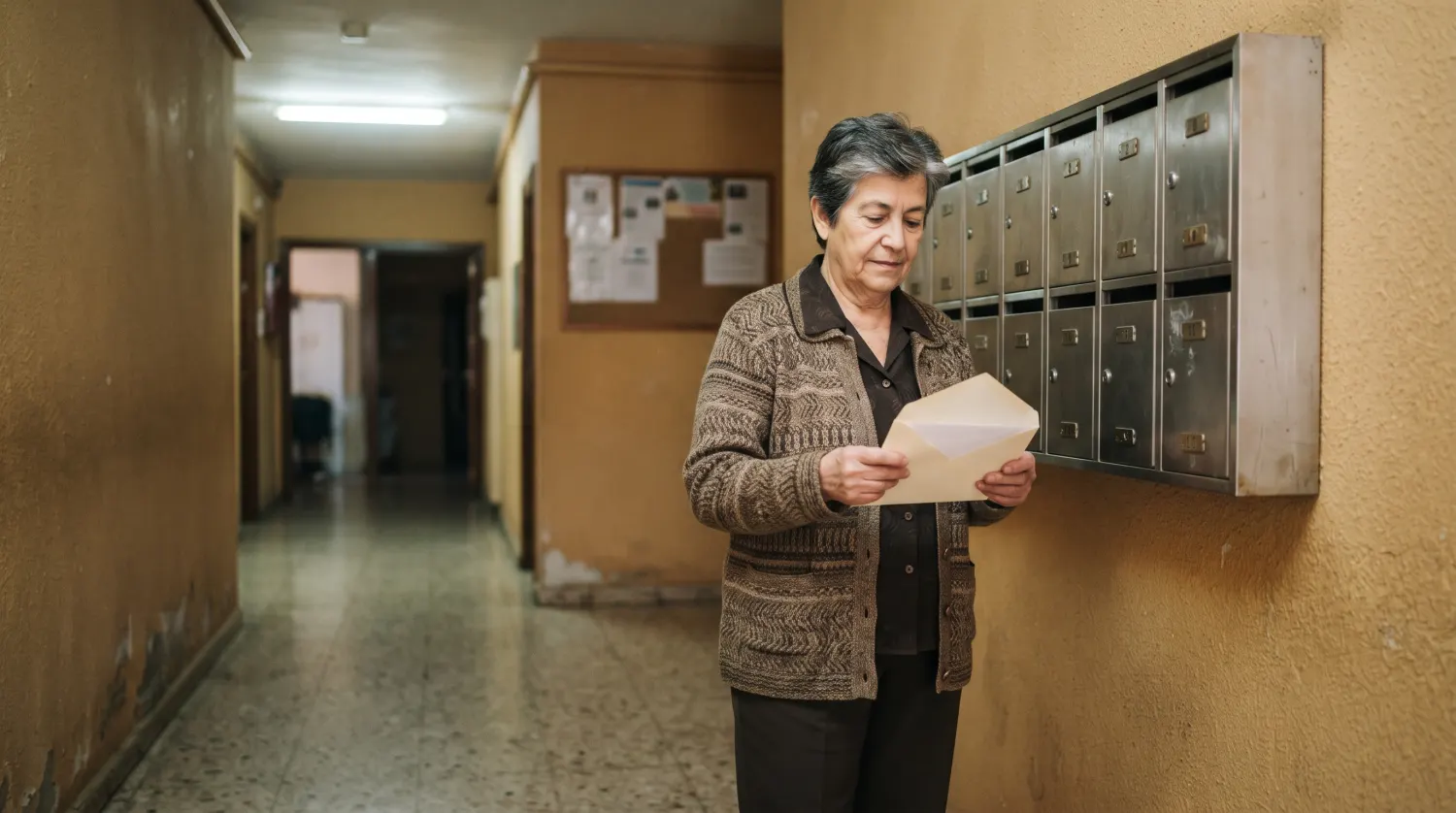 Mujer mayor consulta en el ordenador de casa un documento de su pensión
