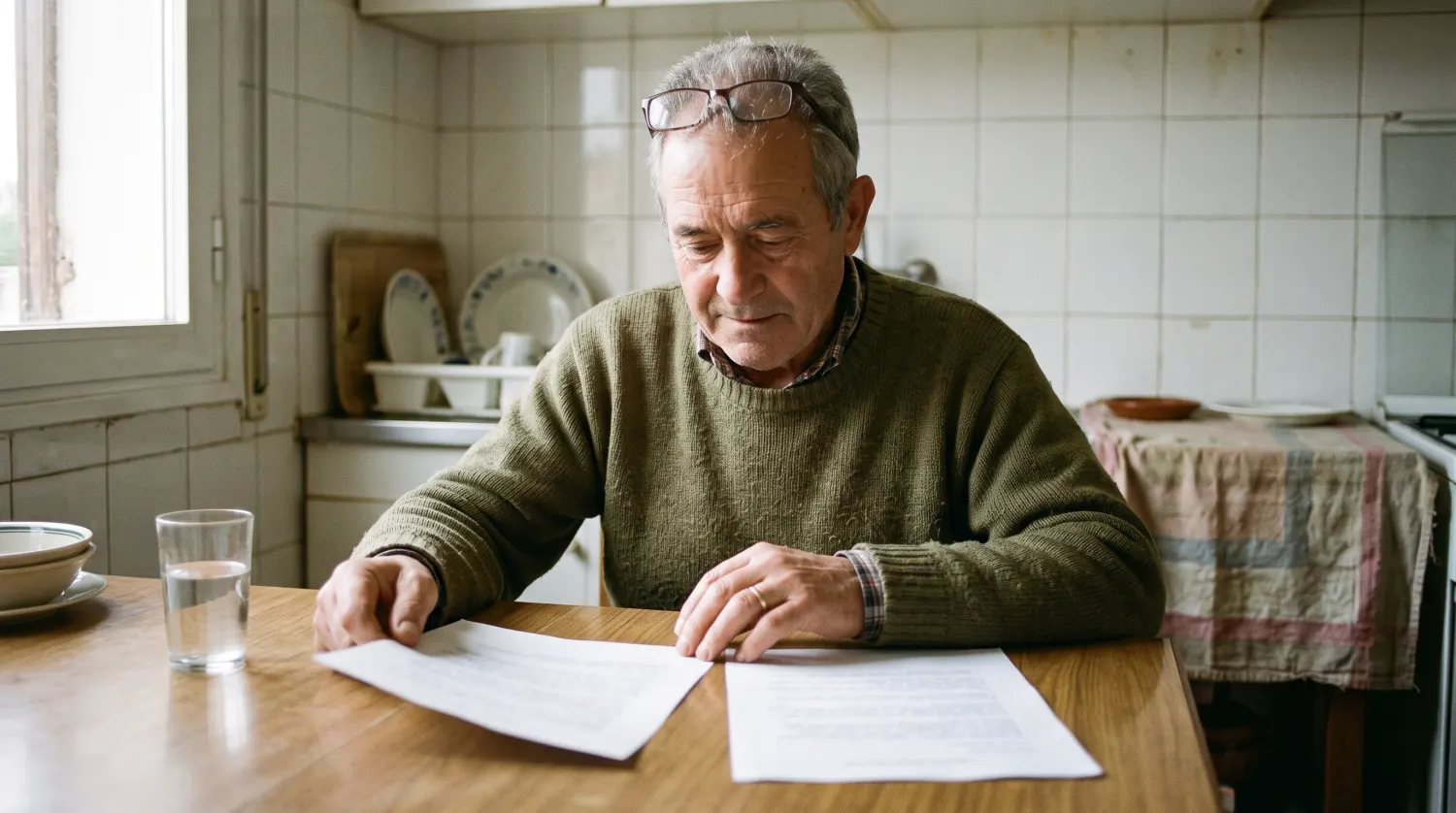Hombre jubilado compara un extracto bancario con una carta en la mesa del comedor