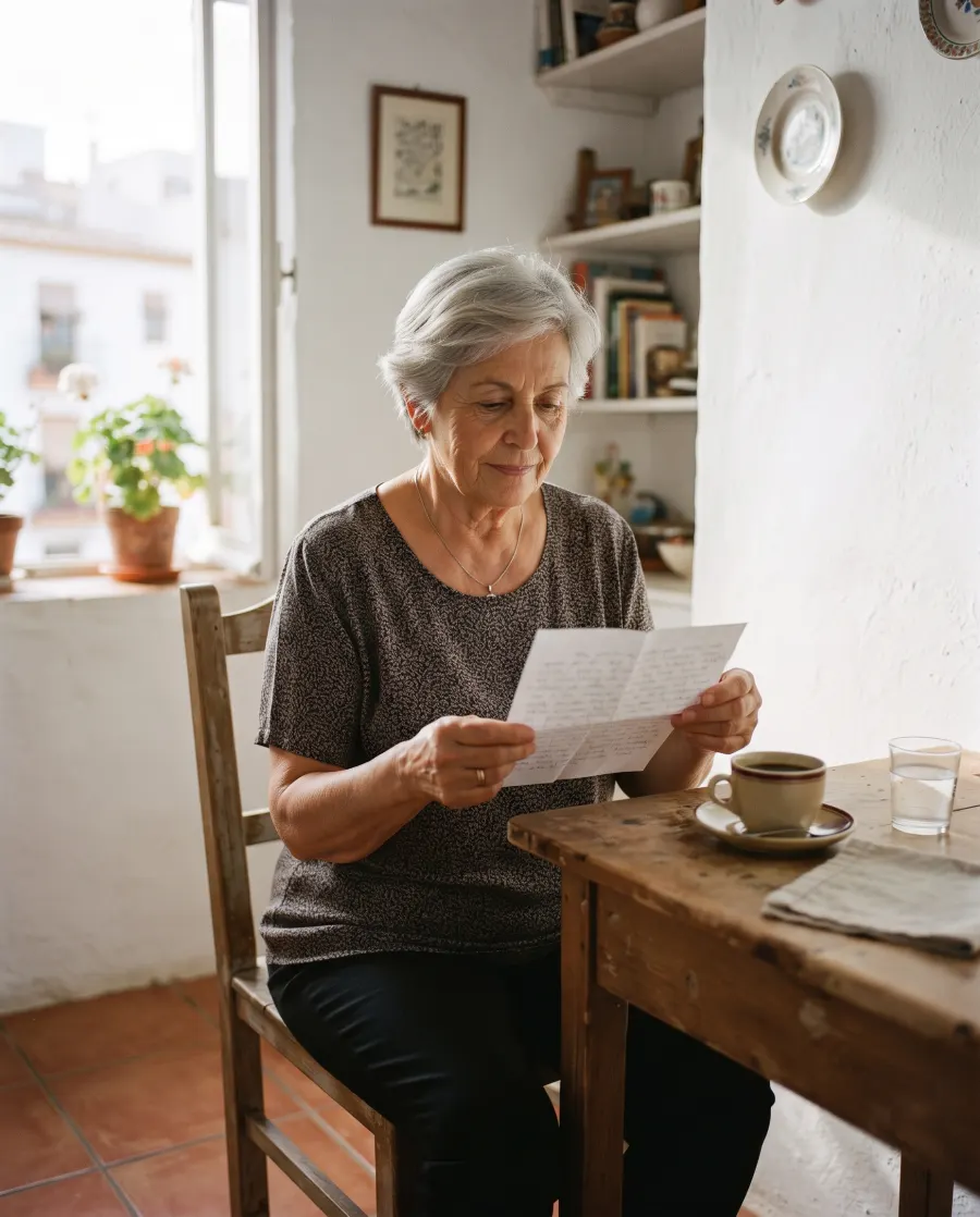 Mujer mayor lee una carta en la mesa de la cocina
