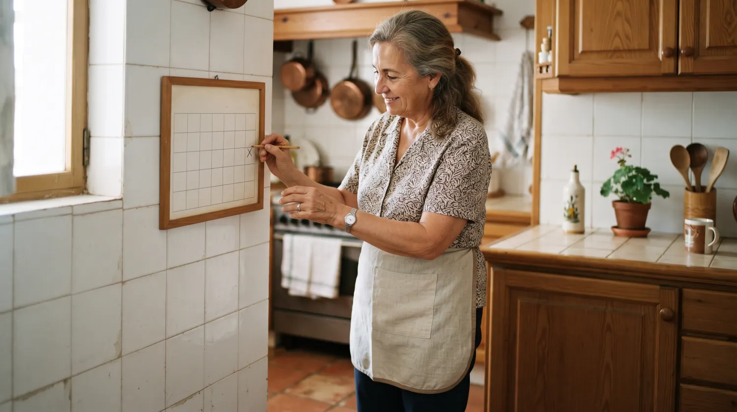 Mujer marca un día en un calendario de pared en la cocina