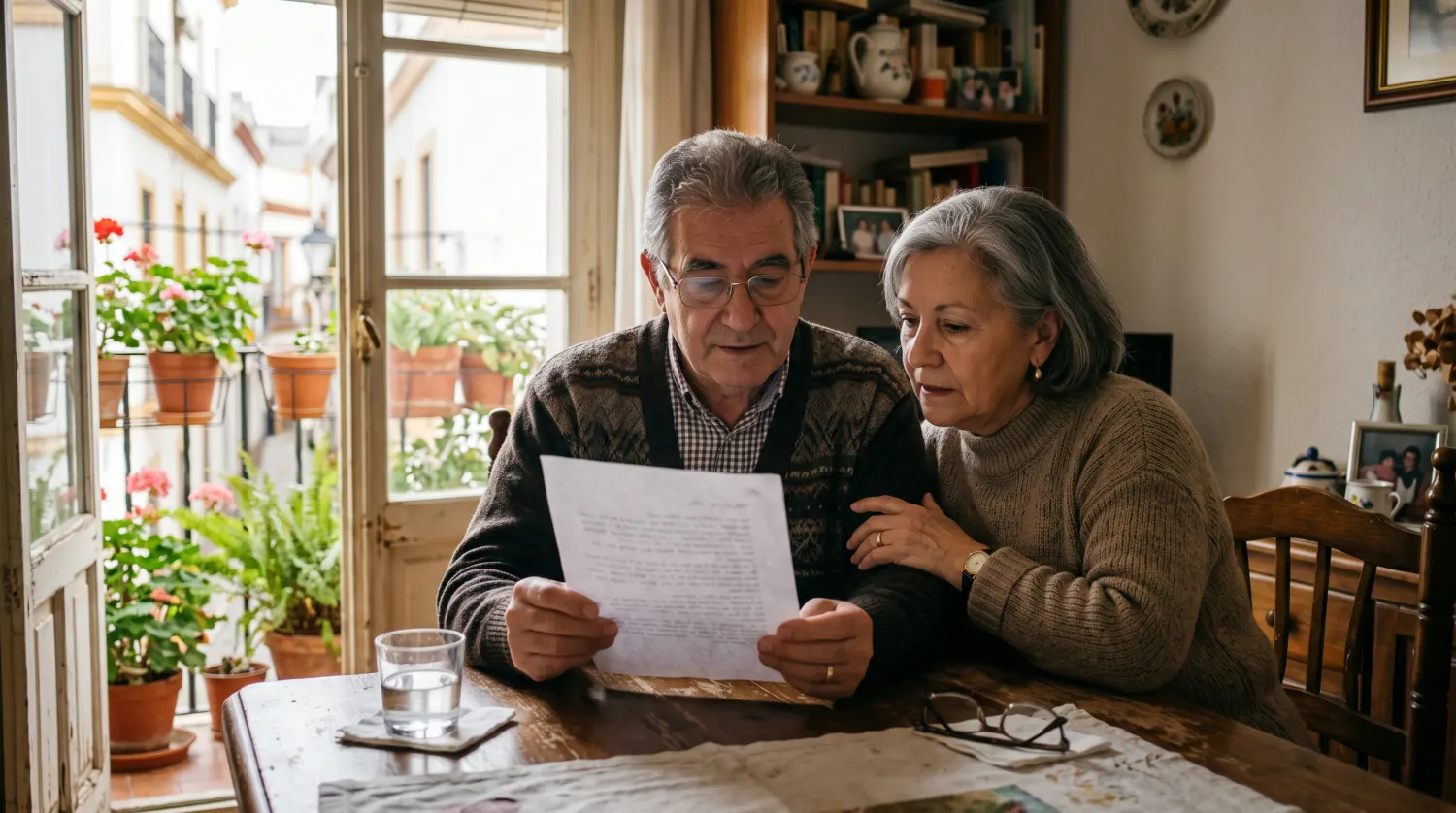 Matrimonio jubilado lee junto un documento en la mesa del comedor