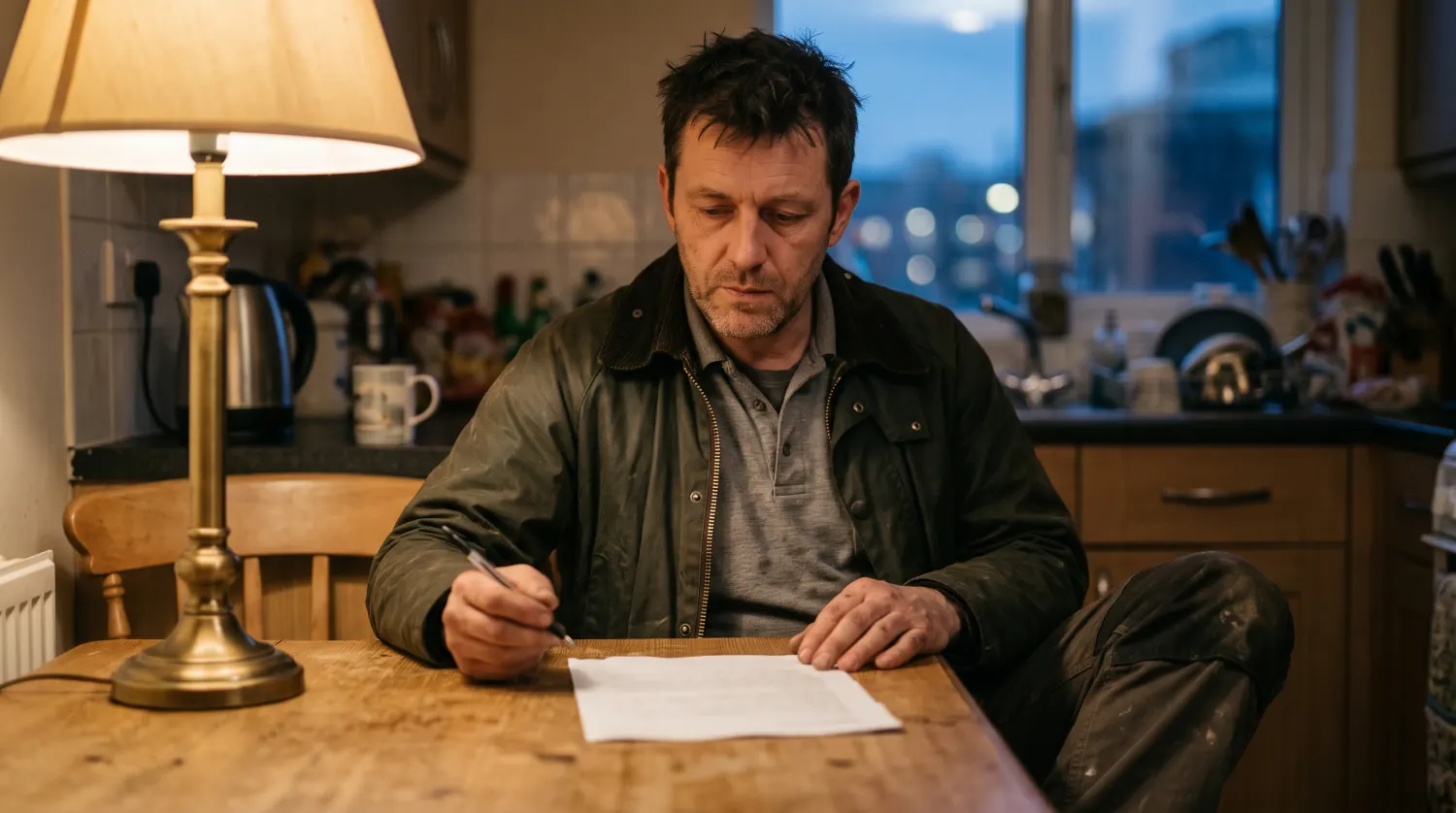 Mann sitzt abends am Küchentisch und notiert Zahlen auf einem Blatt Papier