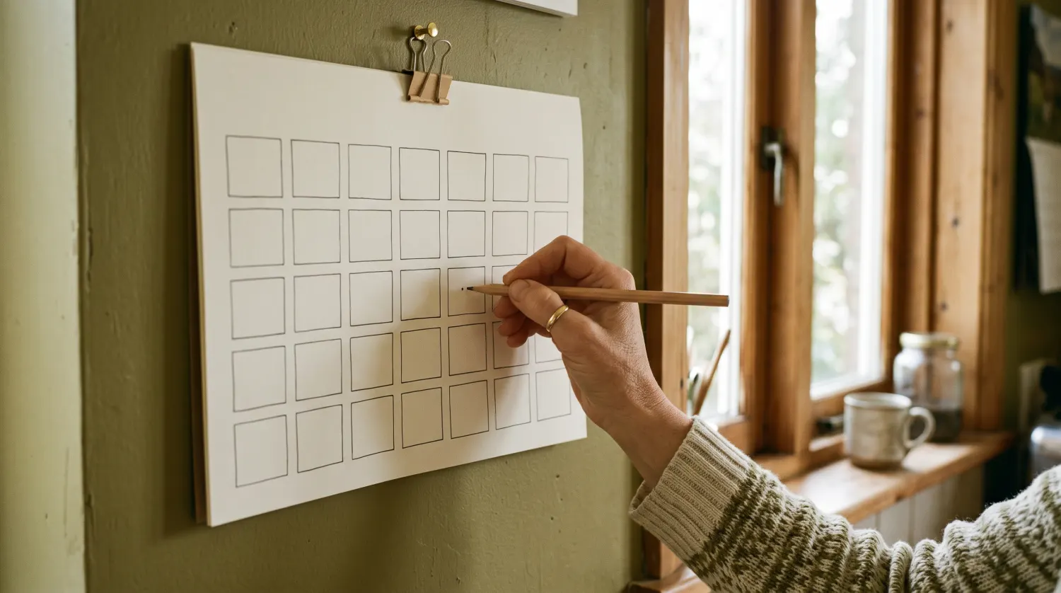 Hand markiert einen Tag in einem Wandkalender in einer Küche