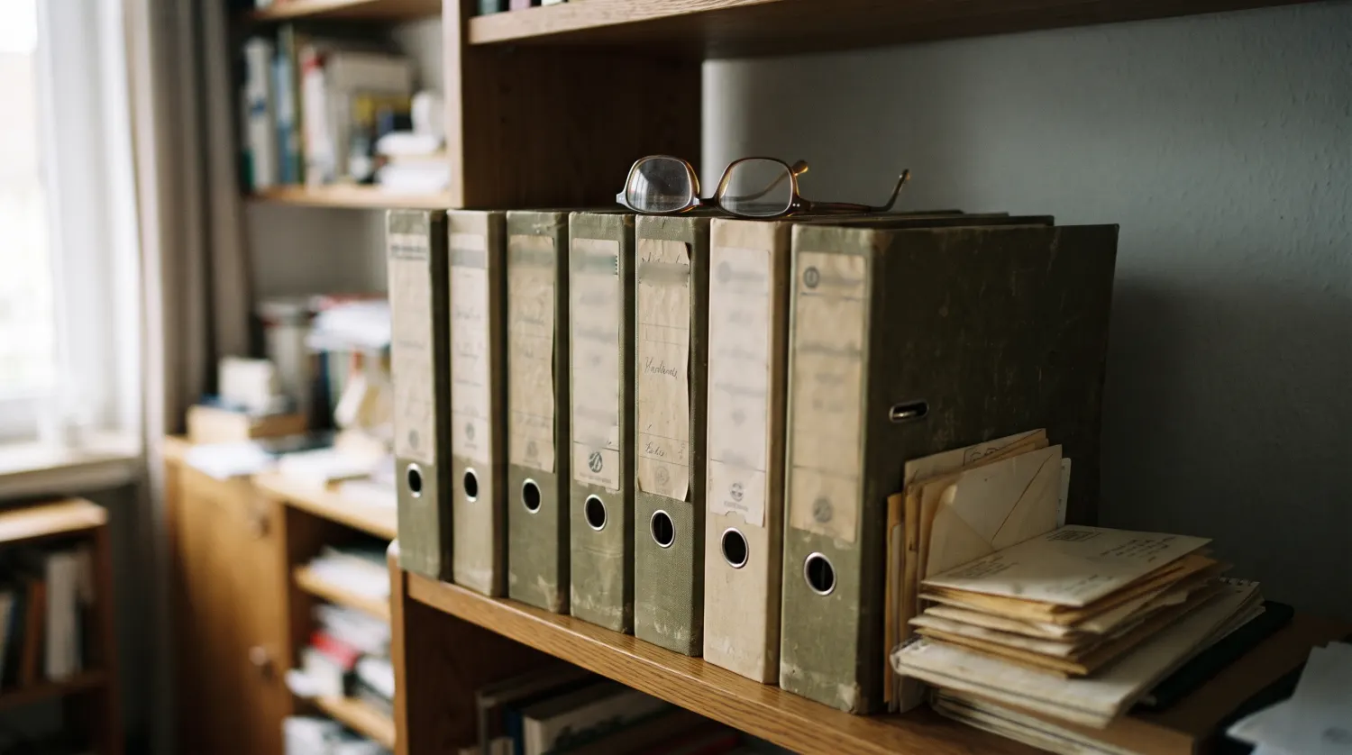 Reihe alter Aktenordner in einem Bücherregal
